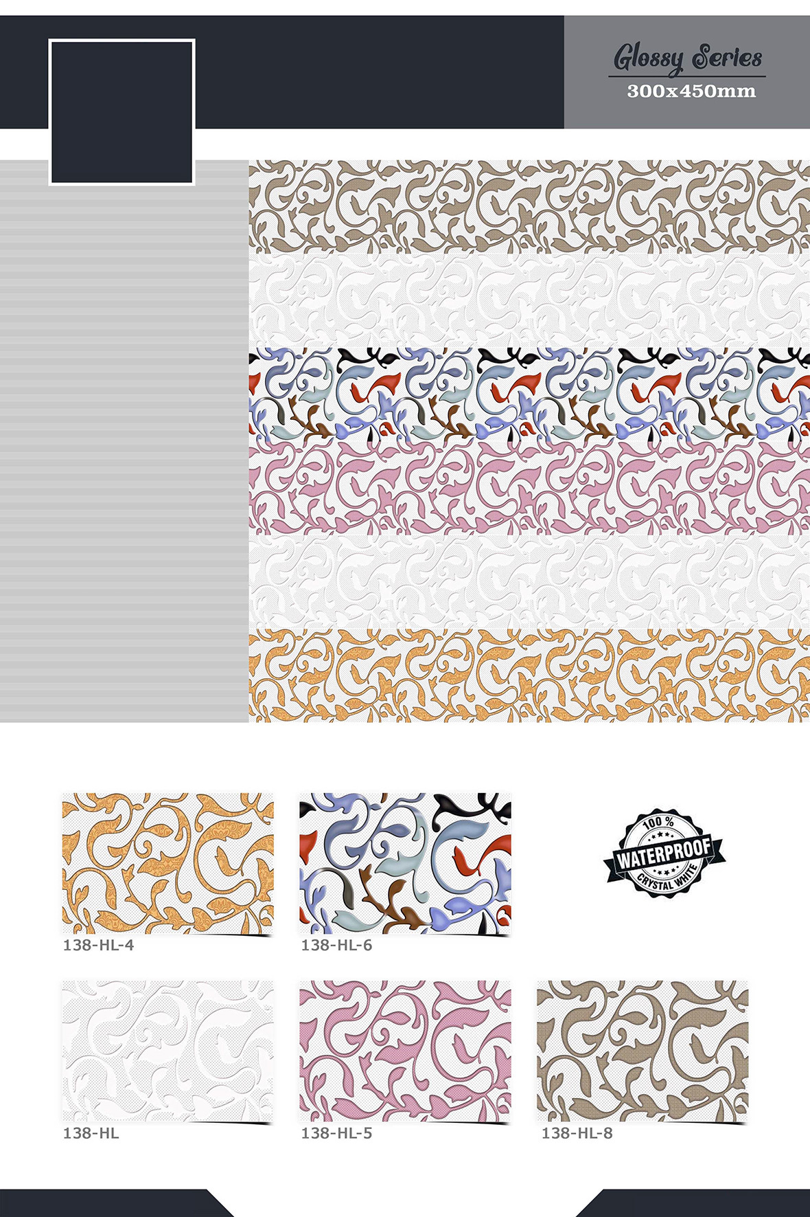 30x45cm Bathroom Wall Tiles - Ceramic, 300x450mm, Beige And Mixed Colors | Gloss, Matt, Satin Finish, Acid-resistant, Wear-resistant, Interior Use