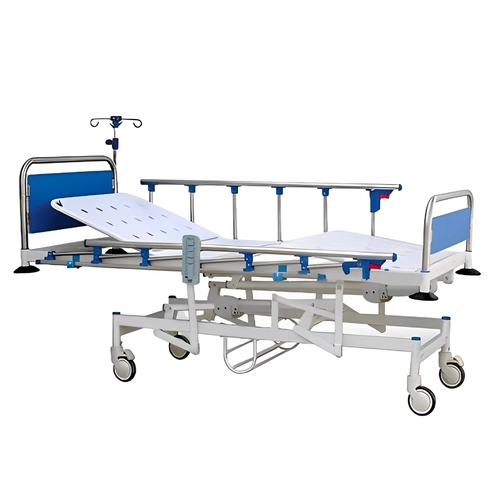 ICU Bed - Rectangular Tube Frame, Oval Shape Perforated CRCA M.S Top, Laminated SS Panels, Collapsible Side Railings, 12.5cm Dia Castors with Brakes, Includes IV Rod and Urine Bag Holder