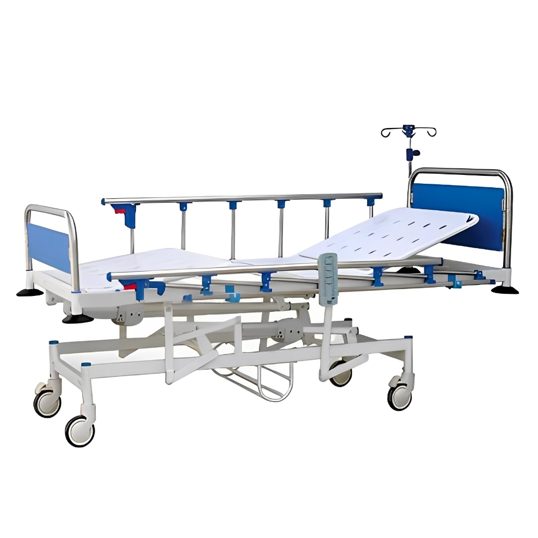 Icu Bed - Rectangular Tube Frame, Oval Shape Perforated Crca M.s Top, Laminated Ss Panels, Collapsible Side Railings, 12.5cm Dia Castors With Brakes, Includes Iv Rod And Urine Bag Holder