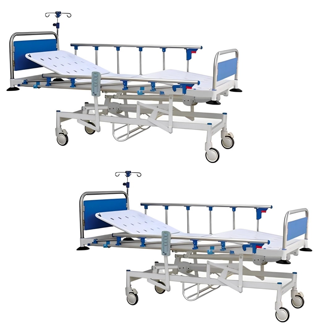 Icu Bed - Rectangular Tube Frame, Oval Shape Perforated Crca M.s Top, Laminated Ss Panels, Collapsible Side Railings, 12.5cm Dia Castors With Brakes, Includes Iv Rod And Urine Bag Holder
