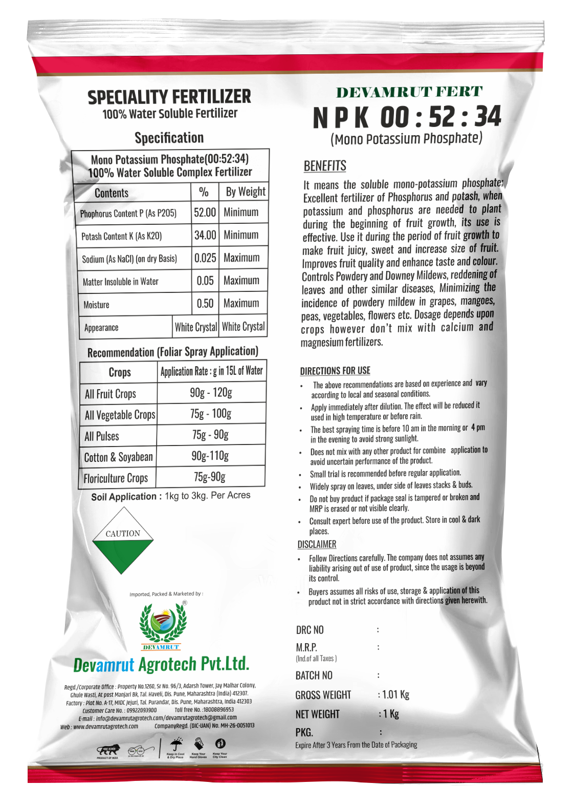 Npk 00.52.34 Mono Potassium Phosphate - Water Soluble Powder 99.9% Purity Effective Foliar And Soil Application For Enhanced Fruit Growth And Disease Control