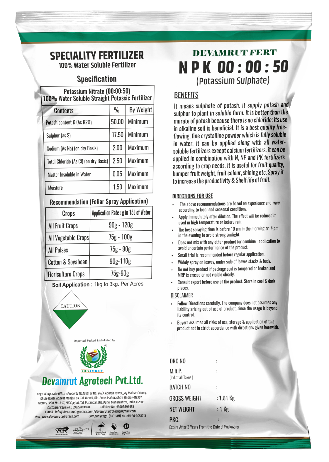 Water Soluble Fertilizer - Potassium Sulphate (00:00:50) Powder, 99.9% Purity | Enhances Soil Fertility, Supports Plant Development, Quick Release