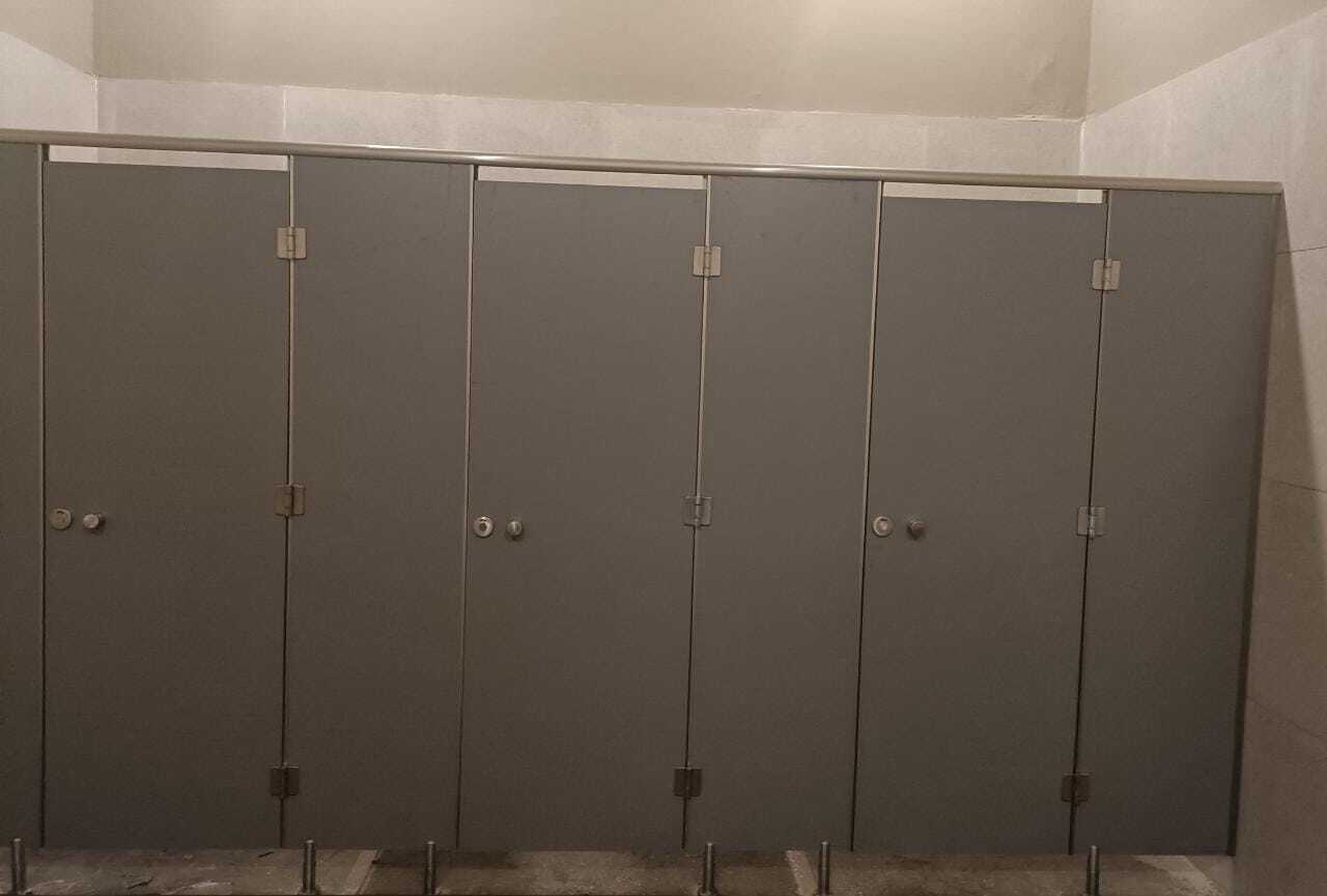 Toilet Cubicle Partition - Hpl Material, 2100mm Height X 1200mm Width X 400mm Depth, Grey Color - Sliding Door, Floor Mounted, Privacy, Durability, Easy Clean, Soundproof, Space Saving, Modern Design