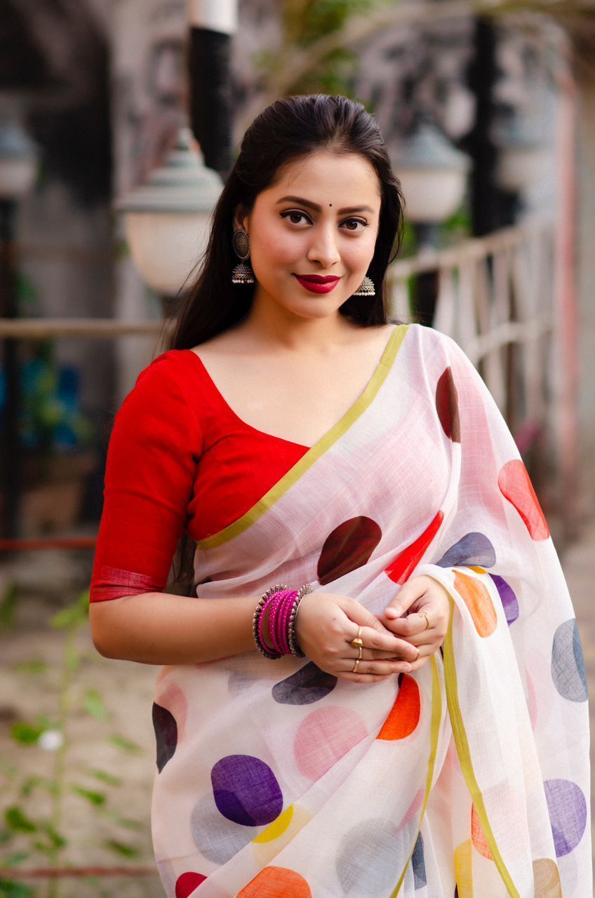 White Polkadot Linen Saree