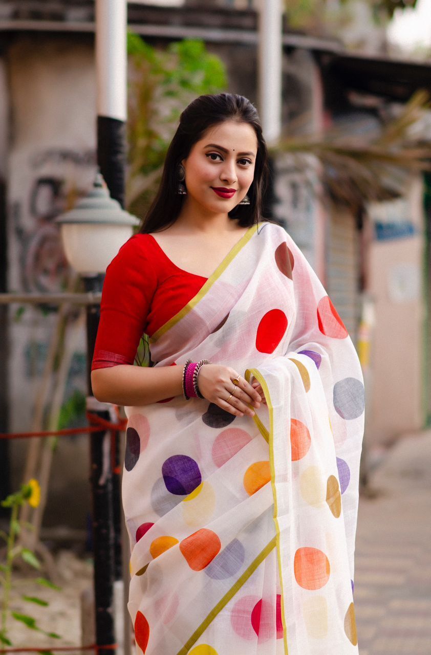 White Polkadot Linen Saree