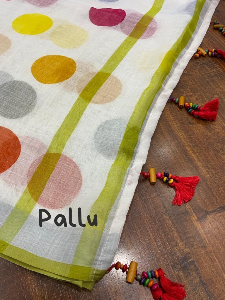 White Polkadot Linen Saree