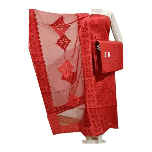 Ethnic Red Applique Cut Work Suit Material - Attributes: Washable