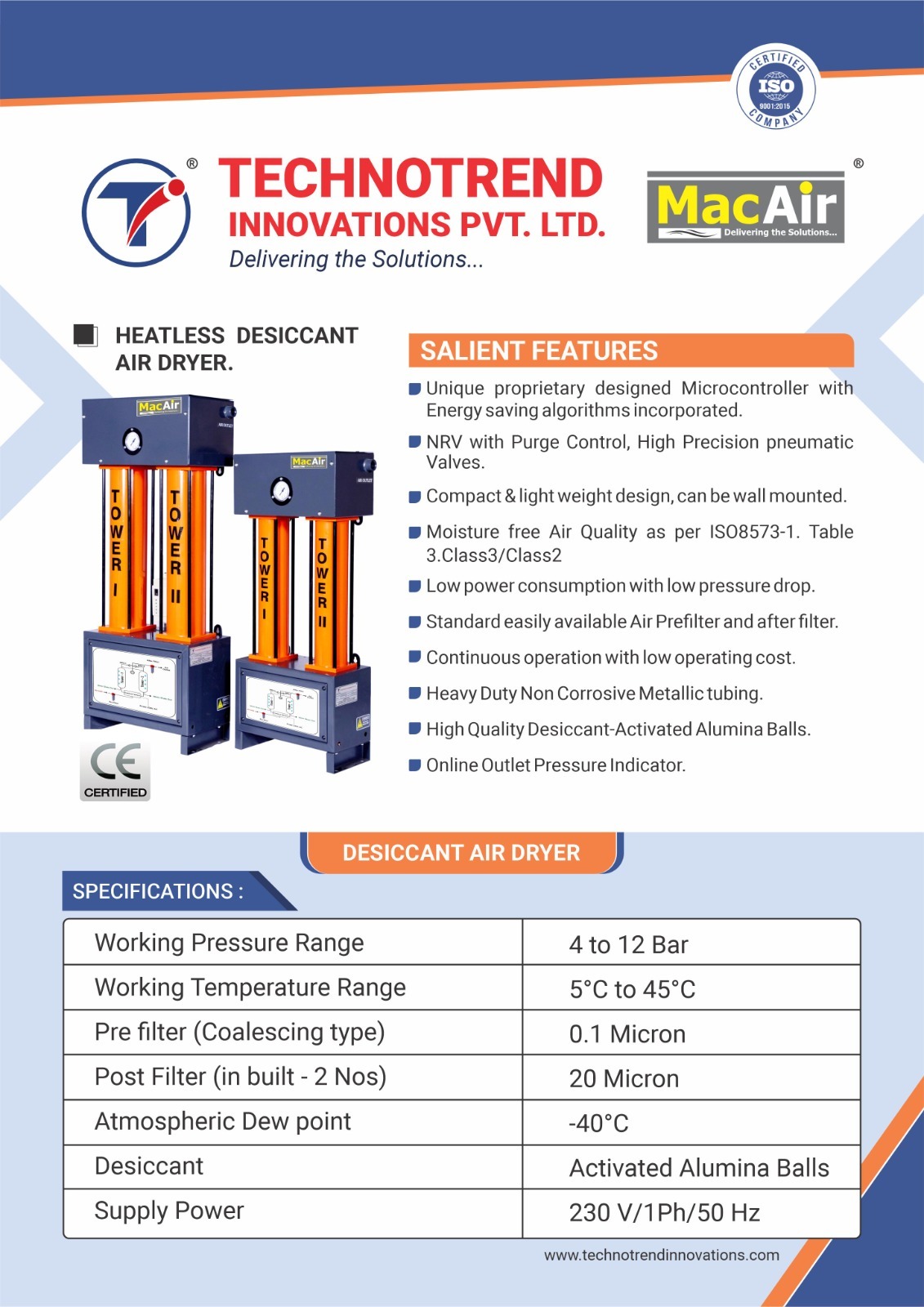 Heatless Air Dryer - Heavy Duty Ms Pipe, 350x150x1100 Mm | Oil-less Operation, 12 Bar Pressure, Compact Design With Digital Temp Indicator And Heavy Duty Prefilter