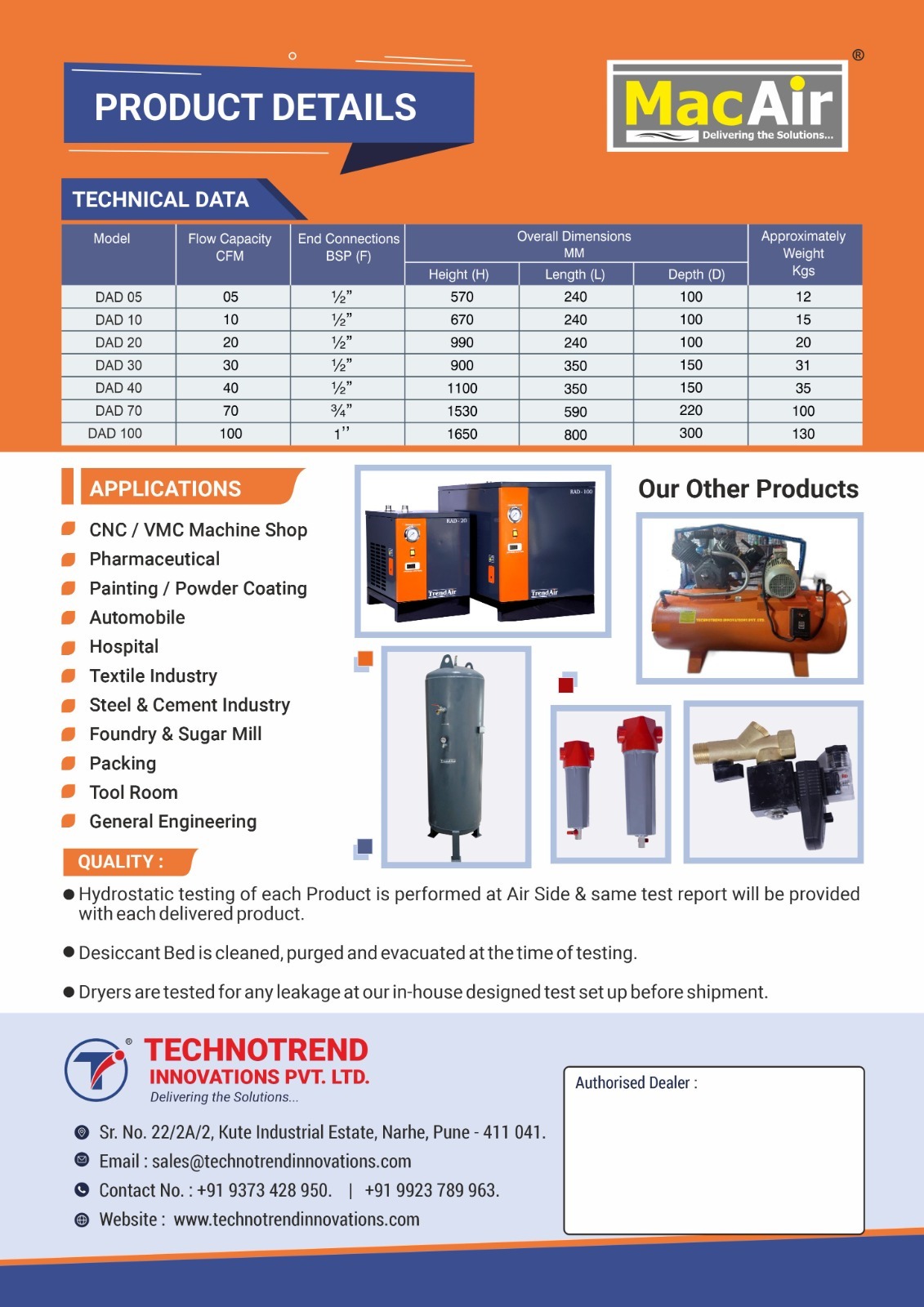 Heatless Air Dryer - Heavy Duty Ms Pipe, 350x150x1100 Mm | Oil-less Operation, 12 Bar Pressure, Compact Design With Digital Temp Indicator And Heavy Duty Prefilter