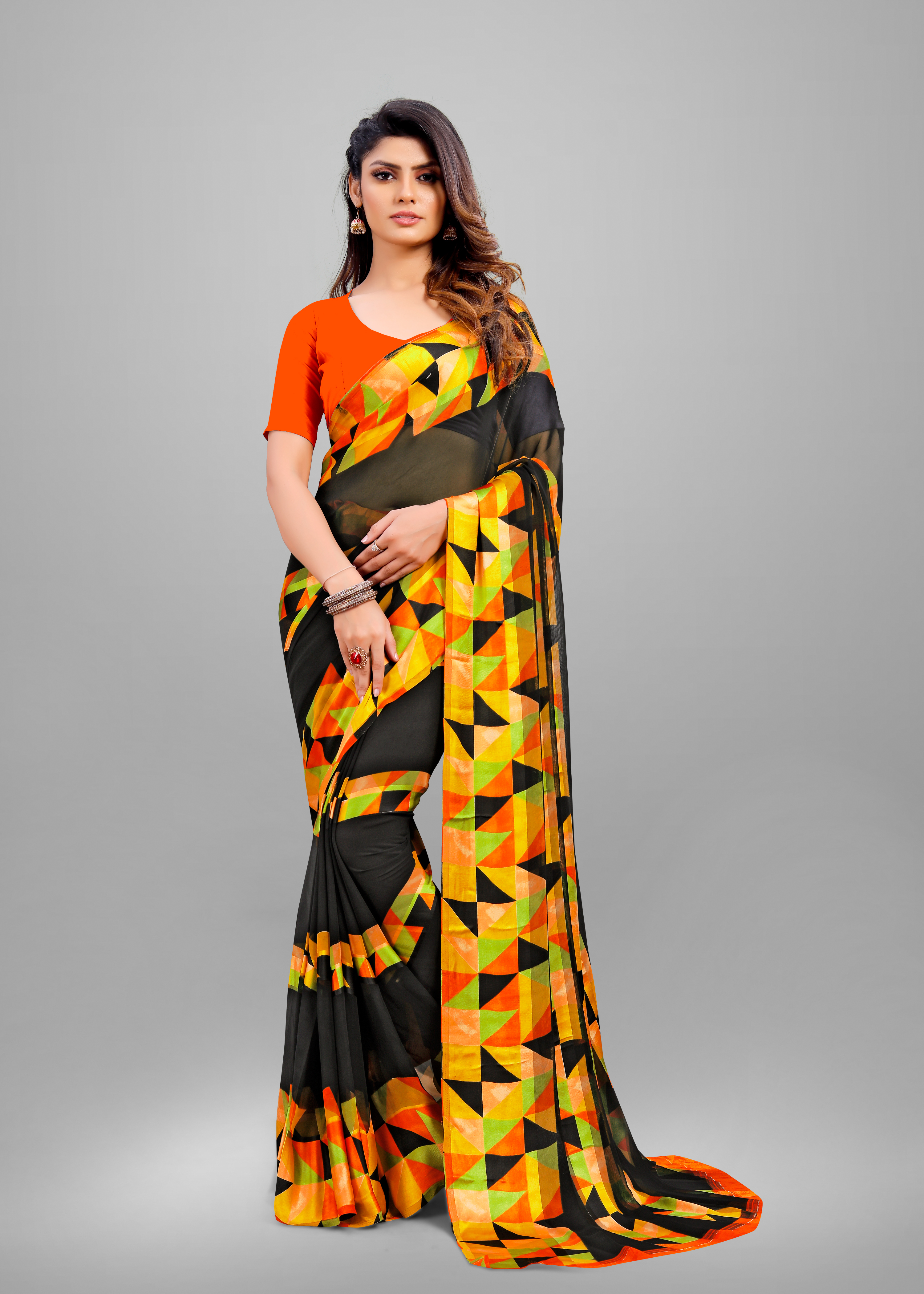 Sai Georgette Saree - Georgette Material, Unstitched Blouse Piece | Customizable Fit, Elegant Print, All-season Wear For Party Occasions