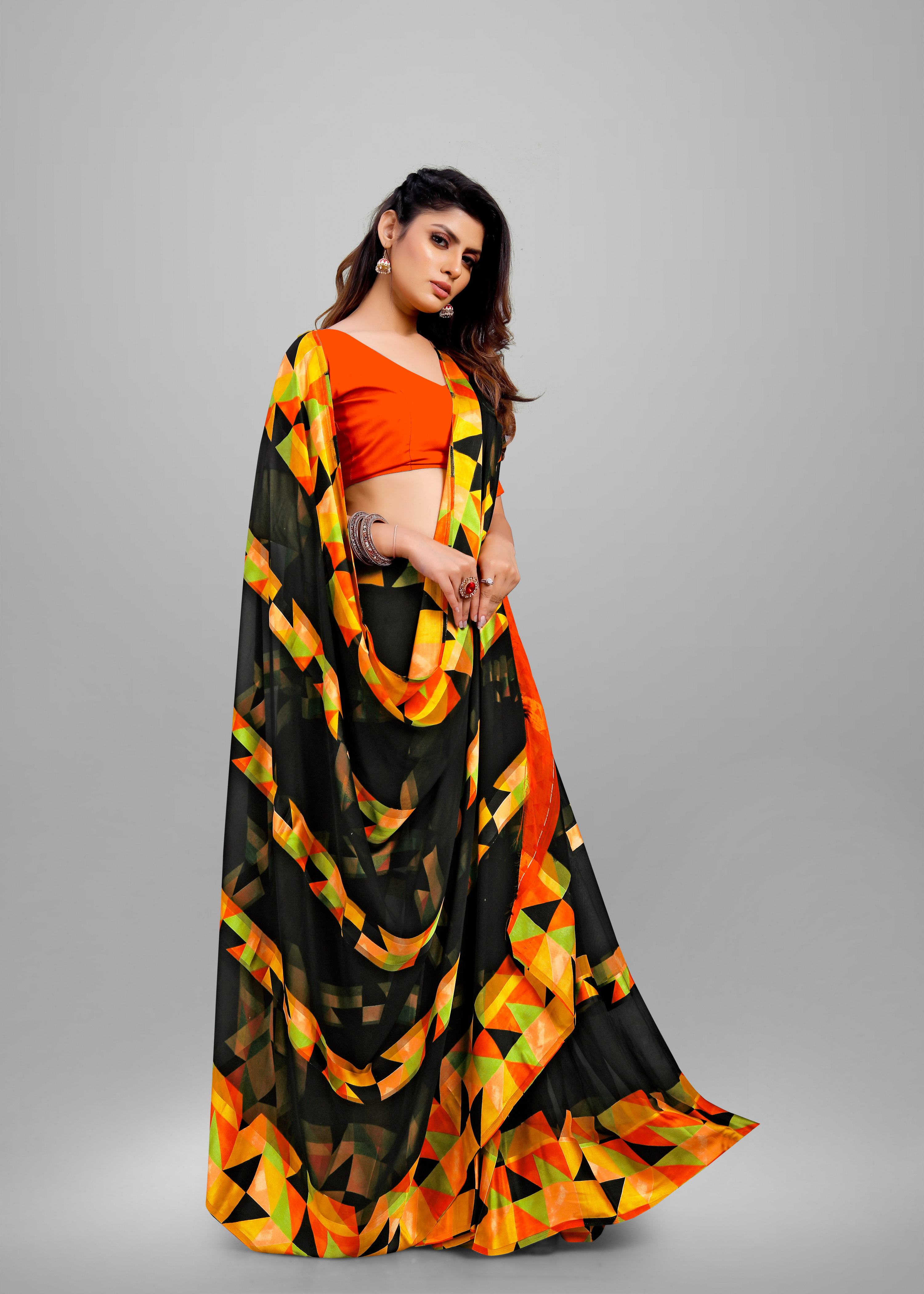 Sai Georgette Saree - Georgette Material, Unstitched Blouse Piece | Customizable Fit, Elegant Print, All-season Wear For Party Occasions