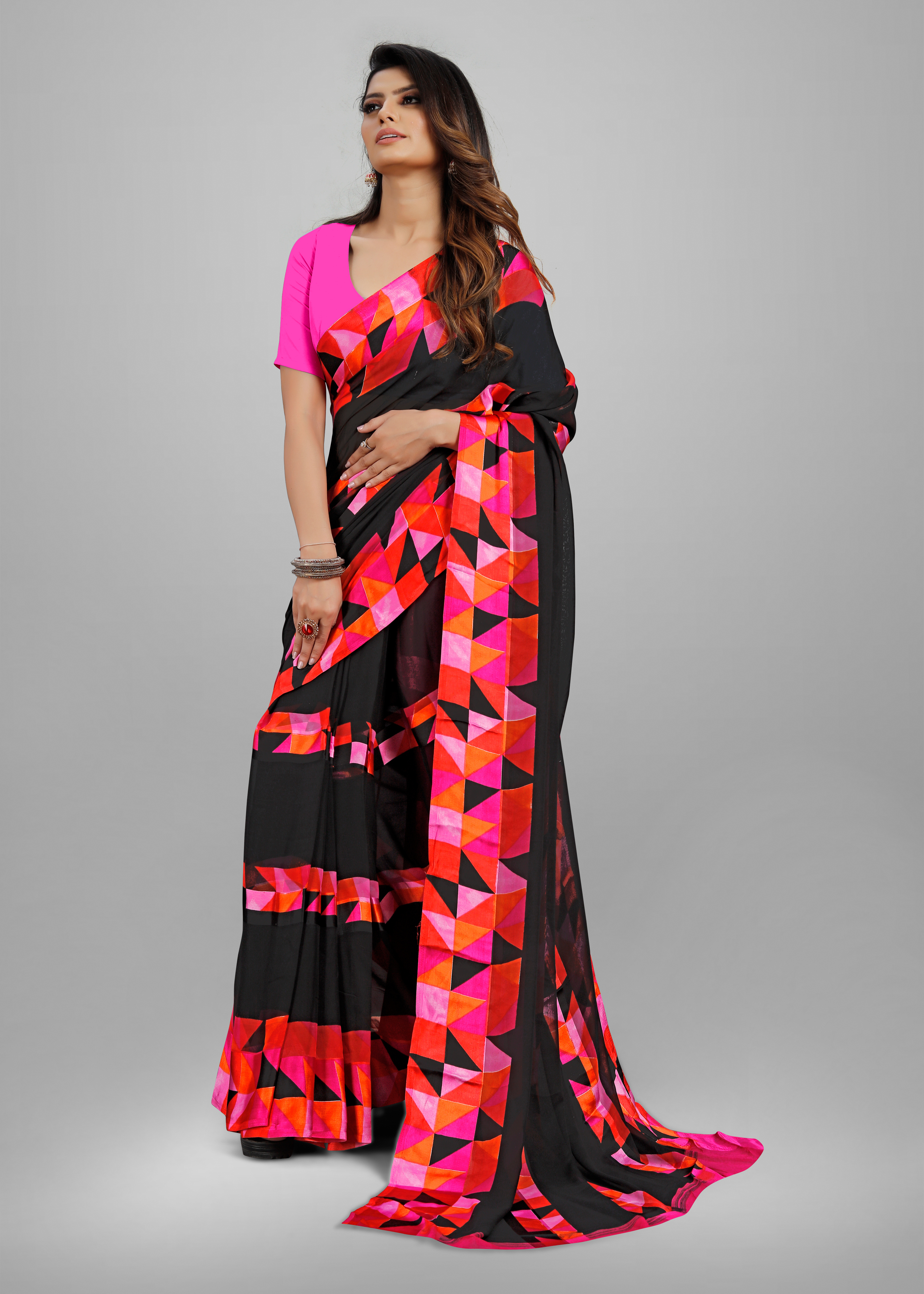 Sai Georgette Saree - Georgette Material, Unstitched Blouse Piece | Customizable Fit, Elegant Print, All-season Wear For Party Occasions