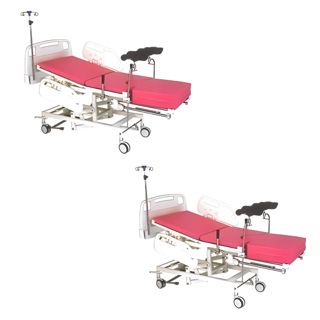 Delivery Beds - Ms Pipe Three Section Top, 1770 X 960 X 940 Mm | Height & Back Section Electric Actuator, Ss Telescopic Iv Rod, 125mm Dia Castors With Brakes