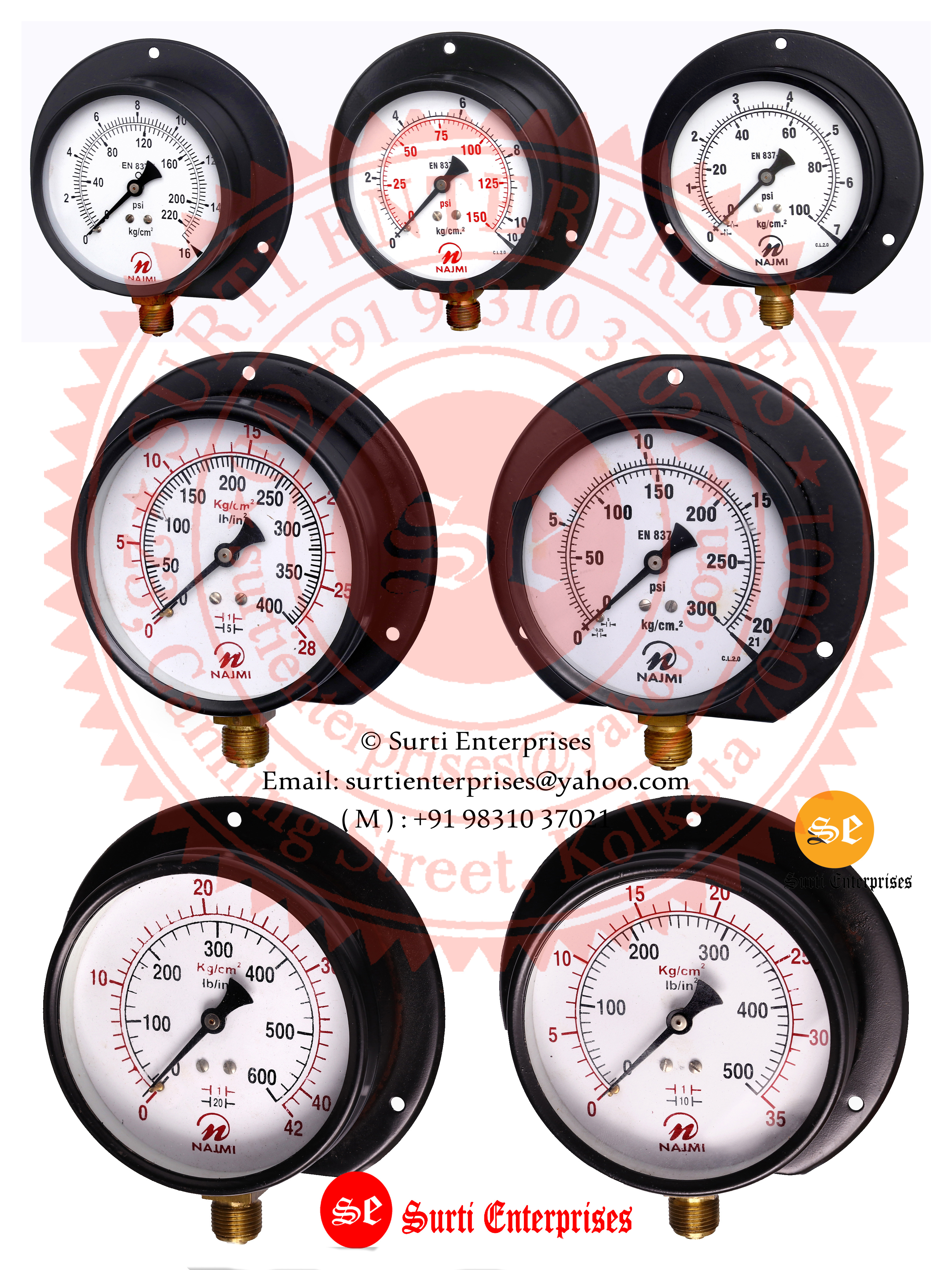 Pressed Steel Pressure Gauge 4 Inch 0-21 Najmi Make - Brass/non Ferrous, 100 Dial Size, 2% Accuracy, Black Anodised Finish | Direct Bottom Entry, Includes Syphon & Gauge Cock