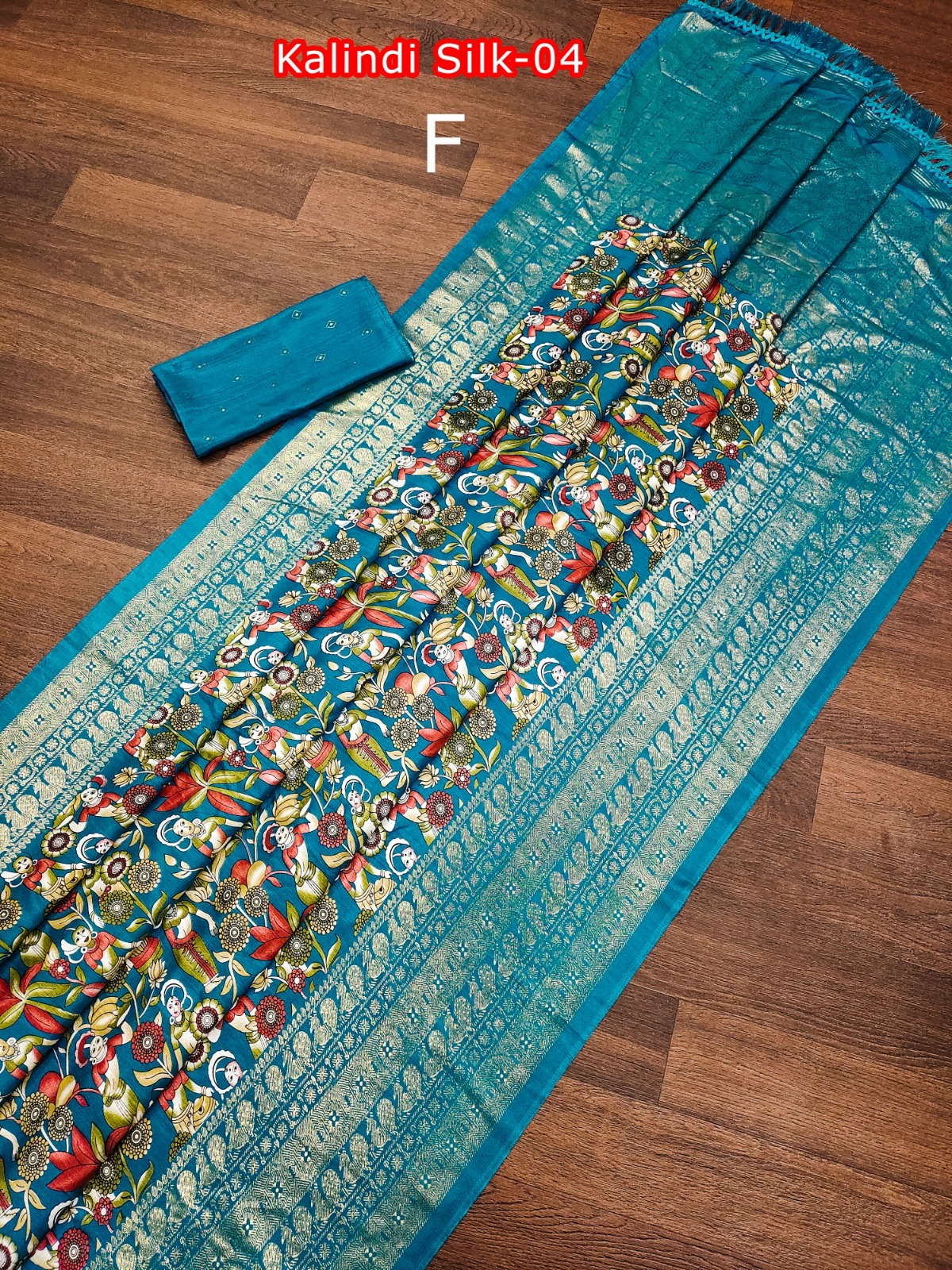 Charu Printed Dola Silk Saree - Customizable Unstitch Blouse Piece, All Over Golden Work, Contrast Border, Heavy Embroidery