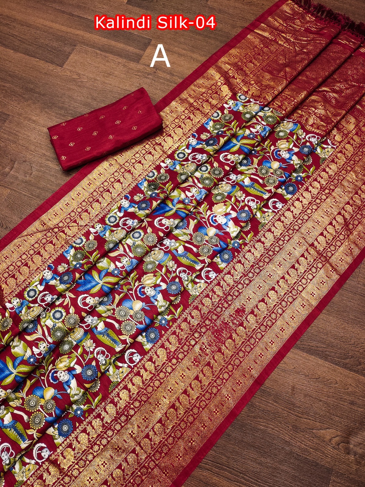 Charu Printed Dola Silk Saree - Customizable Unstitch Blouse Piece, All Over Golden Work, Contrast Border, Heavy Embroidery