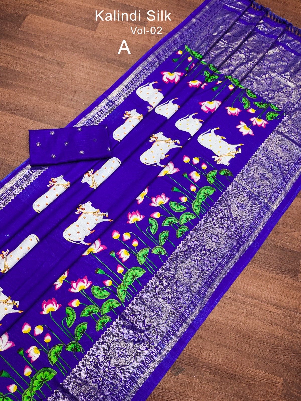 Charu Printed Dola Silk Saree - Customizable Unstitch Blouse Piece, All Over Golden Work, Contrast Border, Heavy Embroidery