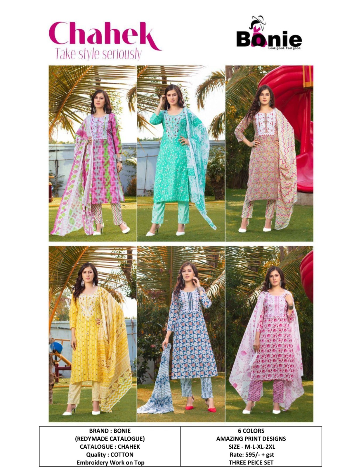 Cotton Printed Kurti - 3-piece Chahek Set, Sizes M-2xl | Breathable, Cool Pass, No Fade, Non-toxic, Quick Dry, Washable, 6 Color Options, Embroidery Design