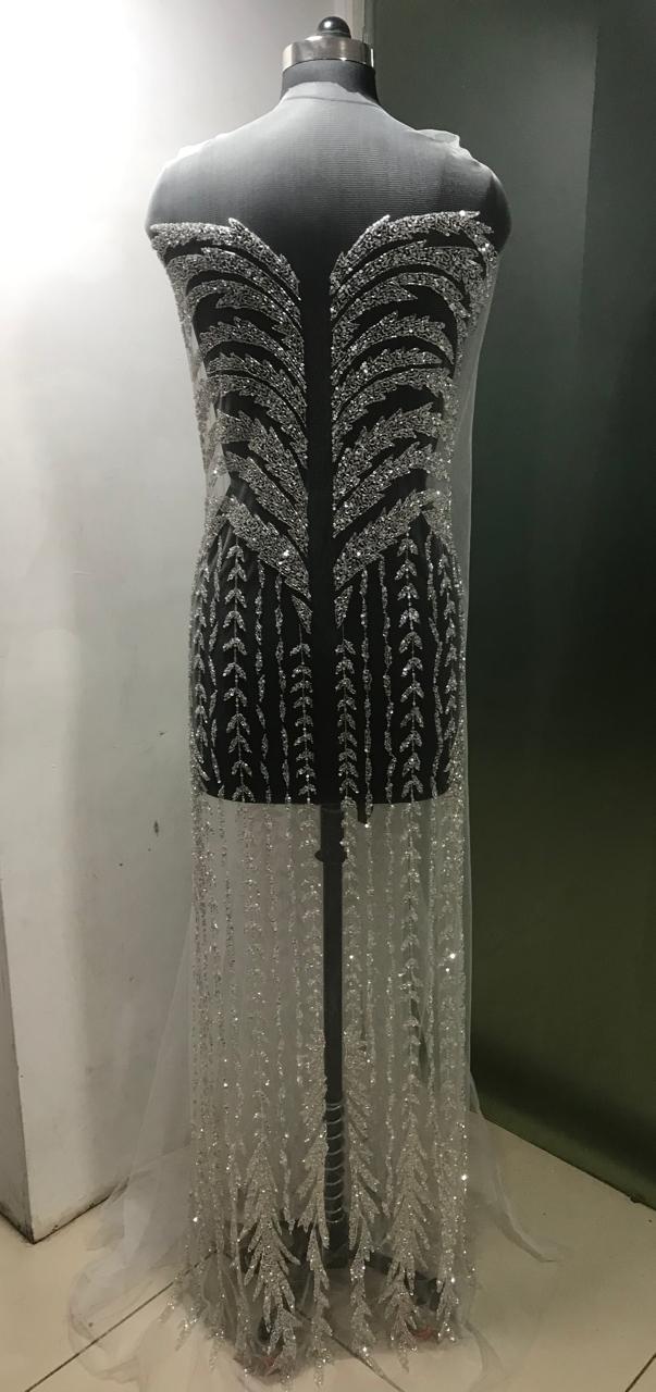 Beaded Front And Back Panel Dress Fabric - 64 Inch Length, Silver Mesh With Sleeves, Custom Size 42 Inches Embroidery