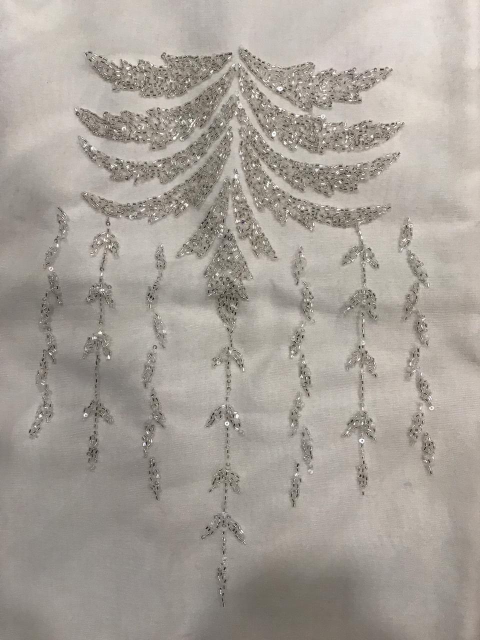 Beaded Front And Back Panel Dress Fabric - 64 Inch Length, Silver Mesh With Sleeves, Custom Size 42 Inches Embroidery