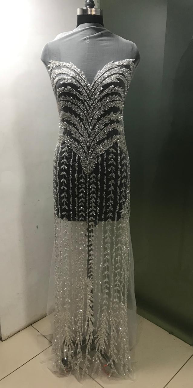Beaded Front And Back Panel Dress Fabric - 64 Inch Length, Silver Mesh With Sleeves, Custom Size 42 Inches Embroidery