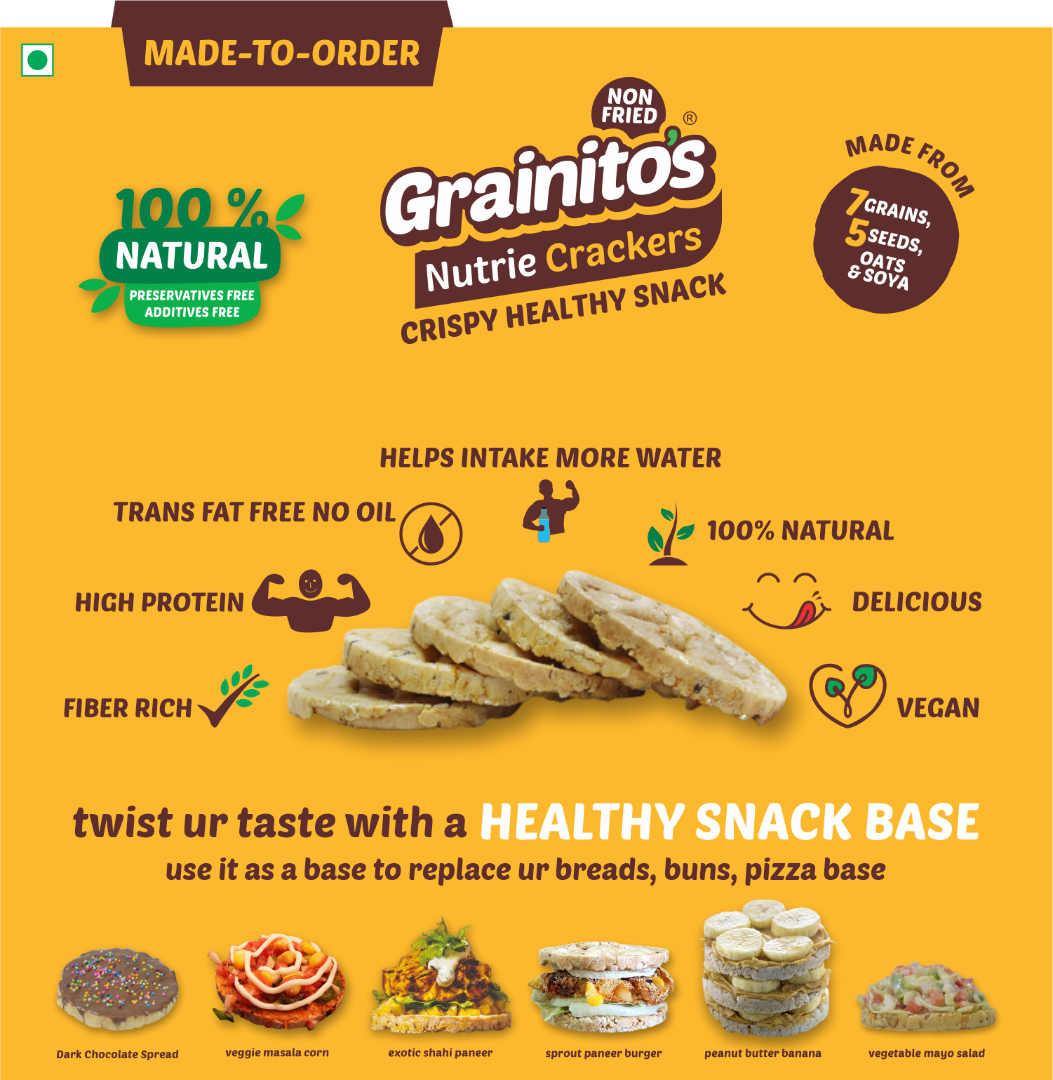 Nutrie Crackers - Baked Multigrain Snack Base | Crunchy Popped Grainitos, Oil Free, 14 Nutrient-rich Ingredients, 5 Delightful Flavours