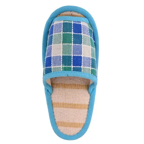 Front Open European House Slippers - Cotton Upper, Sizes 6-10 | Blue Checkered Design, Unisex Comfort For All Seasons