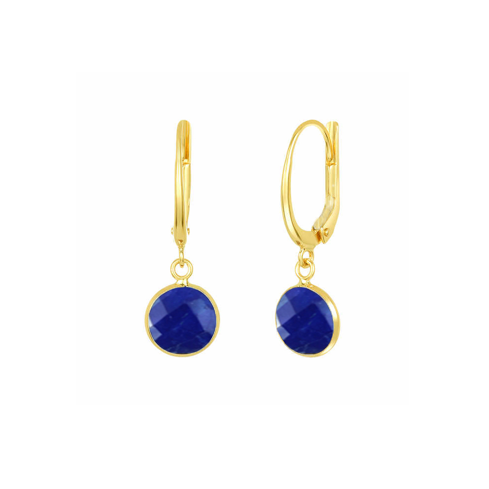 Same As Photo Dyed Sapphire Gemstone 10mm Round Shape Bezel Set Gold Vermeil Hoop Earrings