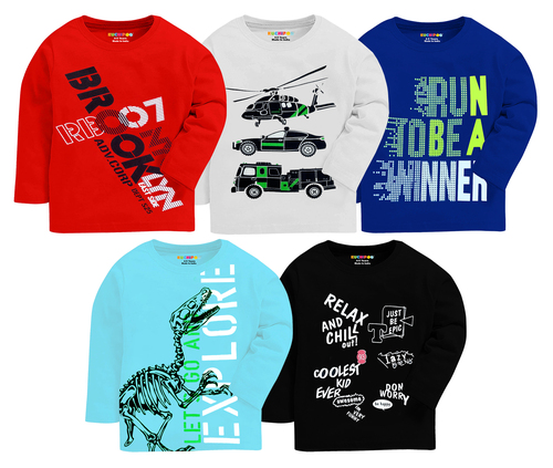 182 Boys Full Sleeve T-Shirt - Cotton, 12 Months to 14 Years, Multicolour | Stylish Printed Design, Comfortable Fit, Layering Essential