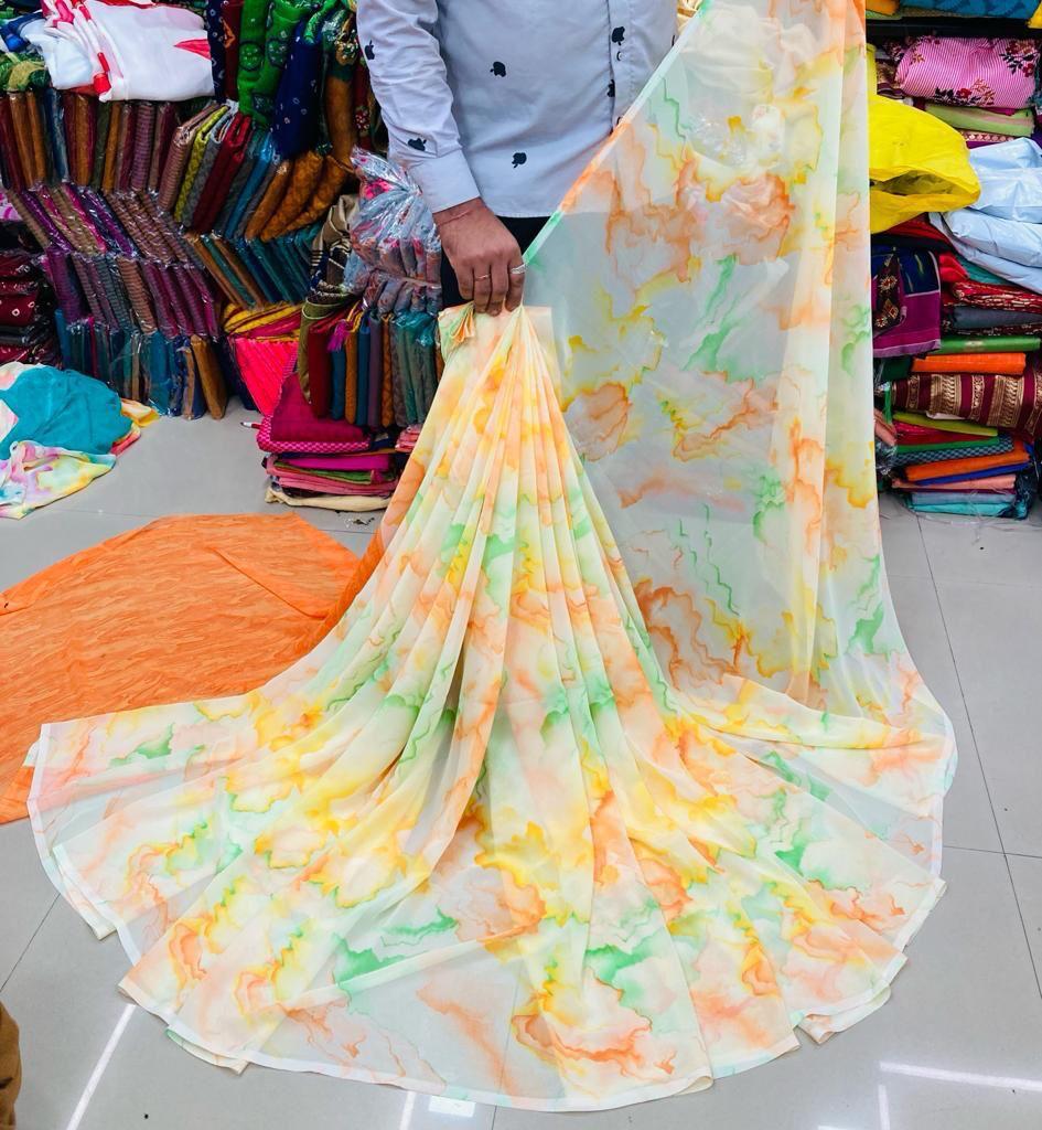 Waves Georgette Printed Saree - Unstitch Blouse Piece, Alluring Comfort For Party Wear, Mesmerizing Colors & Trendy Design