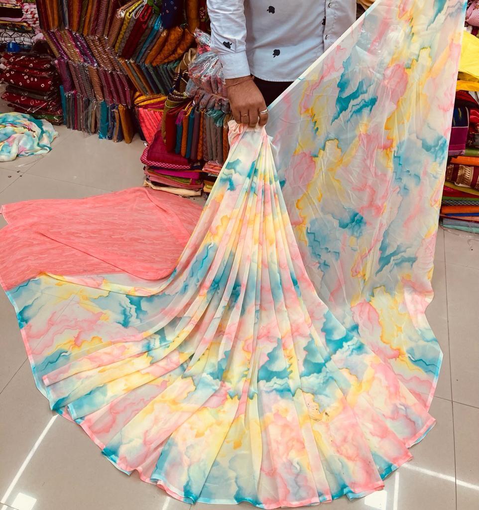 Waves Georgette Printed Saree - Unstitch Blouse Piece, Alluring Comfort For Party Wear, Mesmerizing Colors & Trendy Design