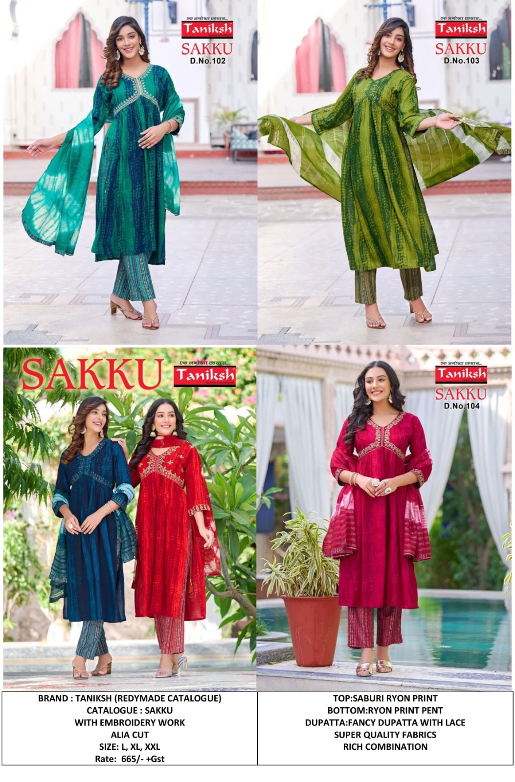 Aliya Cut Kurti Pant Set With Embroidery Work - Color: As Shown In The Catalog