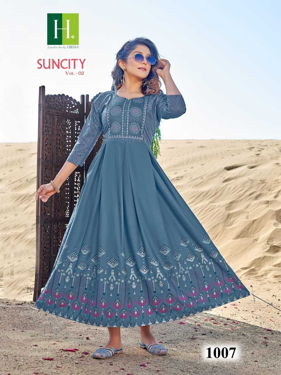 Long Flare Kurti - Heavy Rayon Foil Print, 52 Inch Length, Trendy 3/4th Sleeve, Breathable & Quick Dry, Plus Sizes M To 7xl