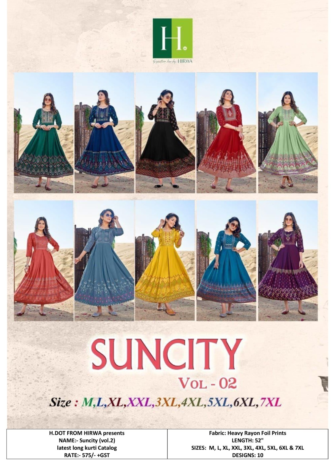 Long Flare Kurti - Heavy Rayon Foil Print, 52 Inch Length, Trendy 3/4th Sleeve, Breathable & Quick Dry, Plus Sizes M To 7xl