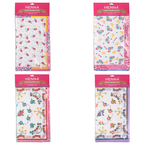 LADIES HANDKERCHIEF - 100% Cotton, 29x29 cm, Multi-Color Printed Design | Pack of 6, Plain Stitch, Perfect for Everyday Use