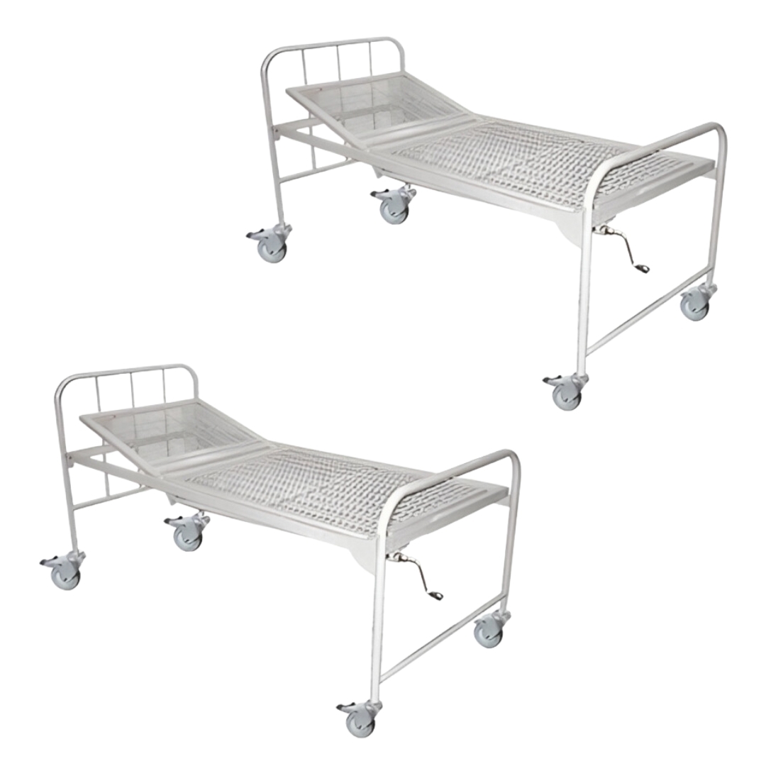 Semi Fowler Bed - Steel Frame, 198l X 90w X 56h Cms | Welded Wire Mesh Top, Smooth Crank Backrest, Wheels For Mobility