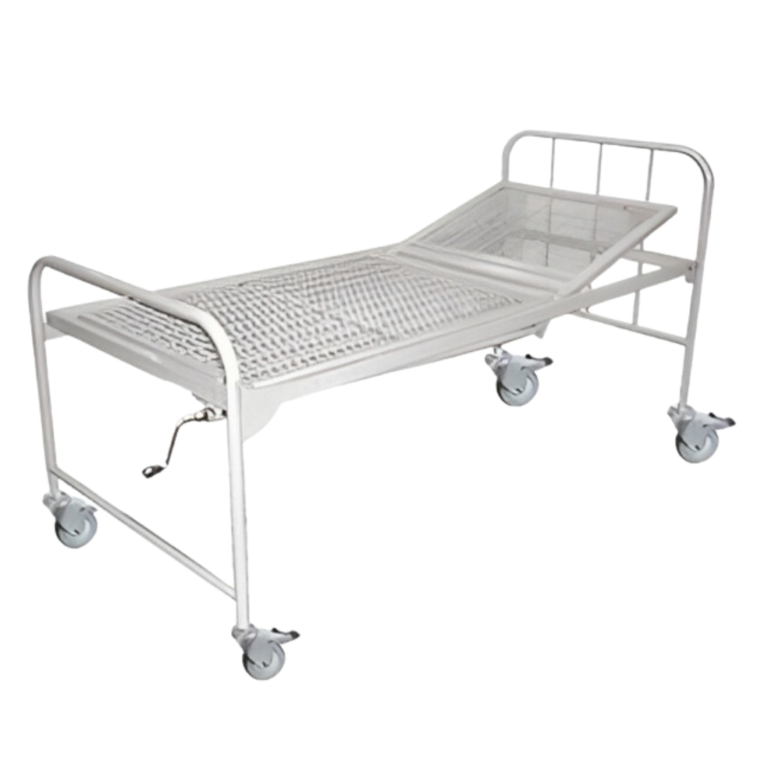 Semi Fowler Bed - Steel Frame, 198l X 90w X 56h Cms | Welded Wire Mesh Top, Smooth Crank Backrest, Wheels For Mobility