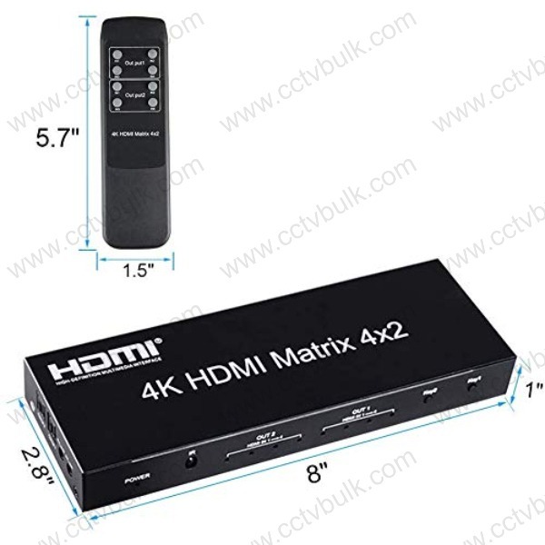 Hdmi Matrix 4 X 2 - 4 Hdmi Input, 2 Hdmi Output, 4k 60hz Support , Audio Sync Separator With 2ch/5.1ch/pass Modes, Ir Remote Control