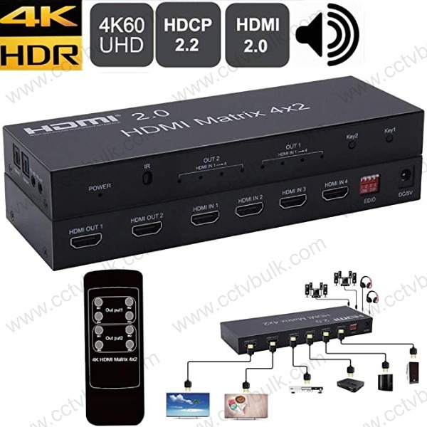 Hdmi Matrix 4 X 2 - 4 Hdmi Input, 2 Hdmi Output, 4k 60hz Support , Audio Sync Separator With 2ch/5.1ch/pass Modes, Ir Remote Control