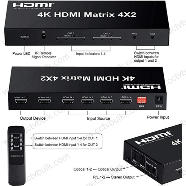 Hdmi Matrix 4 X 2 - 4 Hdmi Input, 2 Hdmi Output, 4k 60hz Support , Audio Sync Separator With 2ch/5.1ch/pass Modes, Ir Remote Control
