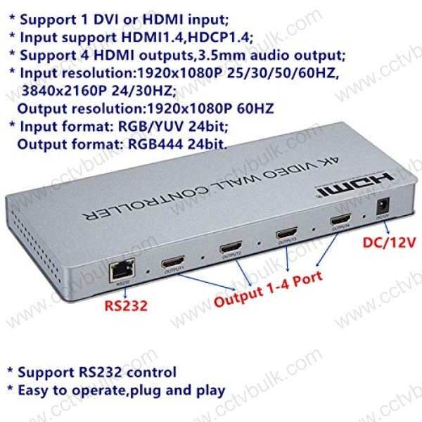 Video Wall 2x2 - 4 Hdmi Outputs, Dvi/hdmi Input, 1920x1080p Output Resolution At 60hz | Supports 2x2/1x2 Splicing, Plug And Play Operation