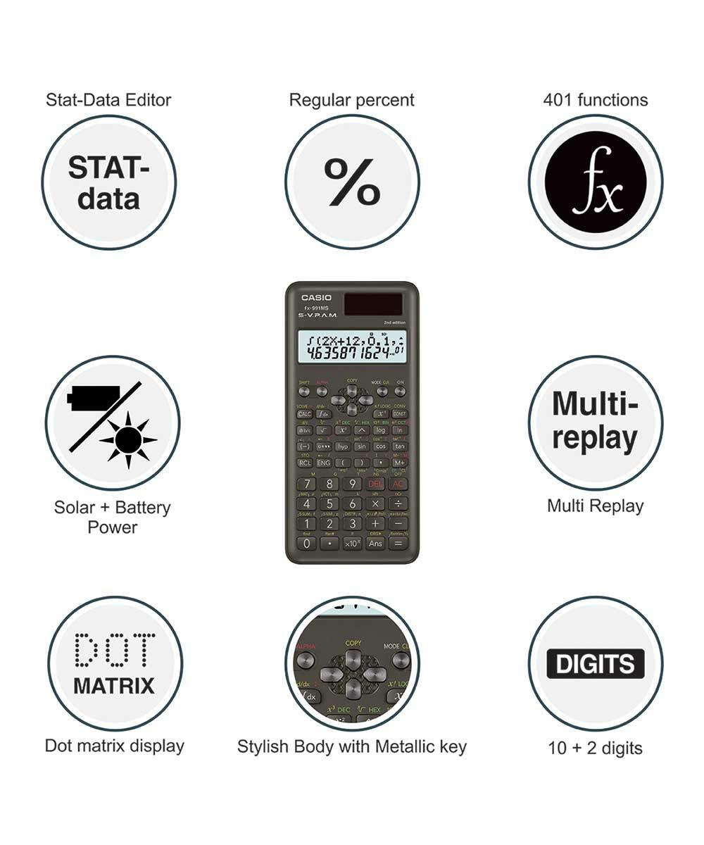 Fx 991 Ms - Non-programmable Scientific Calculator, 401 Functions, 10-digit + 2-digit Display, Drop Resistant Body, Multi-replay Function