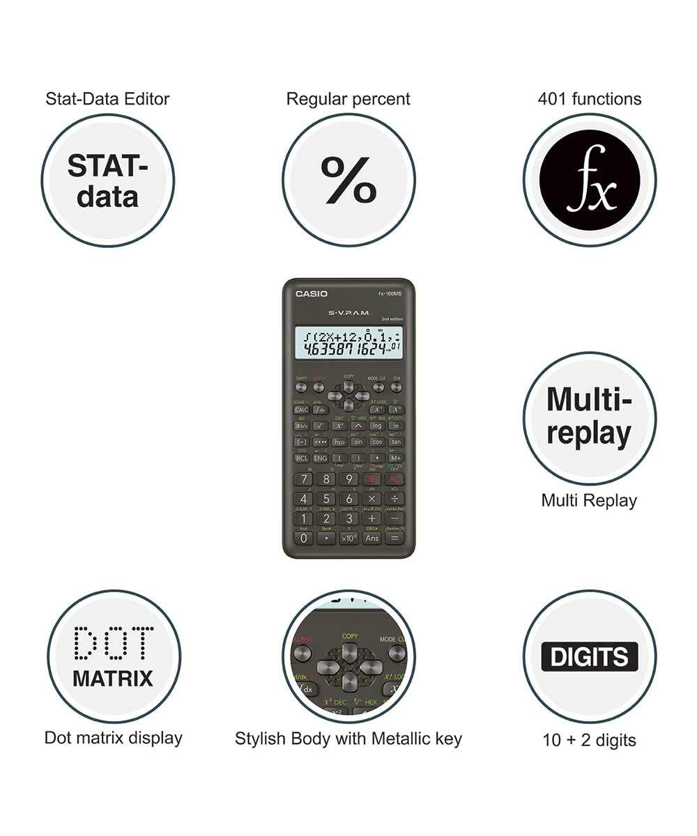Casio Fx 100 Ms - Sleek Design, 10-digit Mantissa + 2-digit Exponential Display, Multi-replay Function, Drop & Water Resistant Body