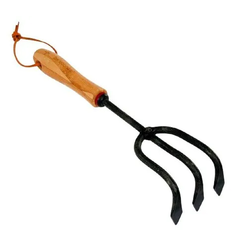 Agriculture Hand Operated Cultivator - Mild Steel & Wooden, 8 Inch Size, Black & Brown Colour | 3 Prong Design, Durable, Eco-Friendly Tilling Tool