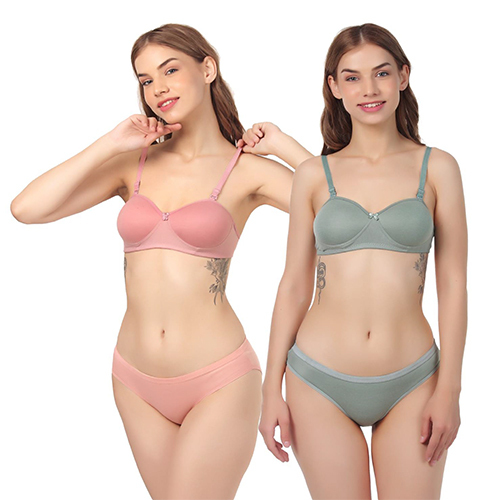 Blossom Padded Lingerie Set - Cotton, 30-40 Inch Size, Multicolour Printed Design - Women's Hipster Bra And Panties Set