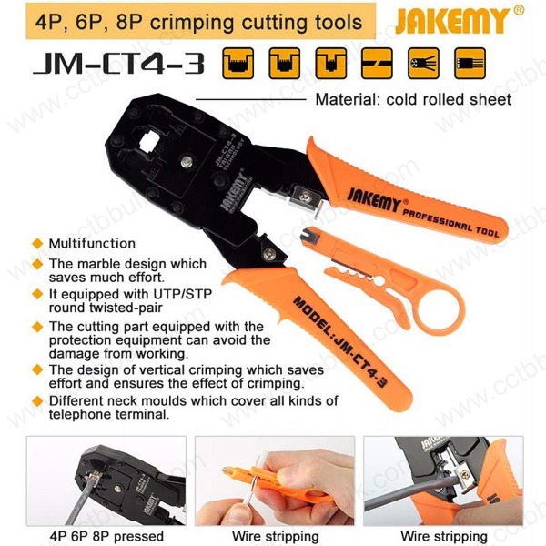 Rj45 Crimp Tool Jakemy Jm-ct4-3 Certified - Pp Plastic Handle, 7.75" Size, Cold Rolled Plate 08f Steel, Precision Blades, Oil Resistant, Anti-skid Grip