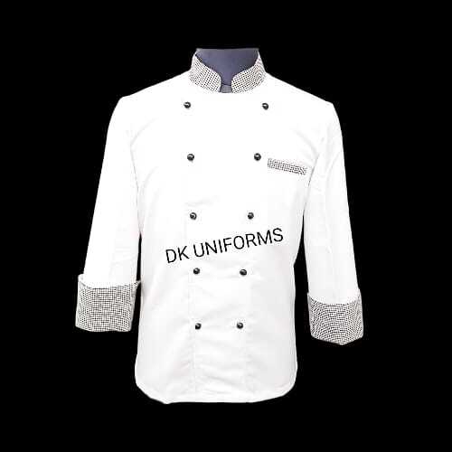 Chef Jacket - Cotton Fabric, Sizes 36 to 44, White with Check Piping, Standard Collar, Long Sleeve, One Pocket