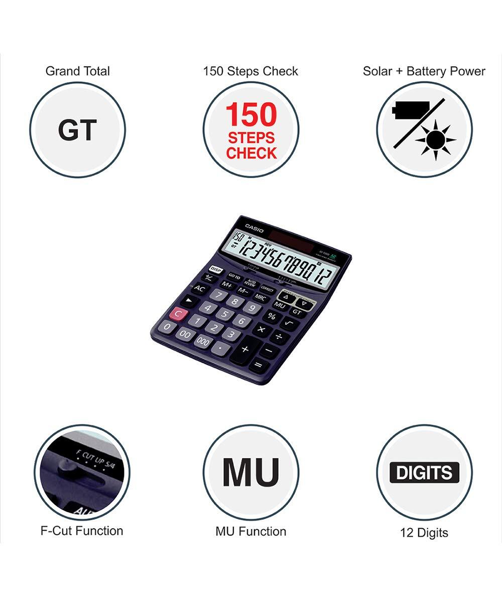 Dj12d Casio - Black, Large Keypad, Solar And Battery Powered | 150 Steps Check And Correct Feature, Color Coded Keypad, Full Decimal System