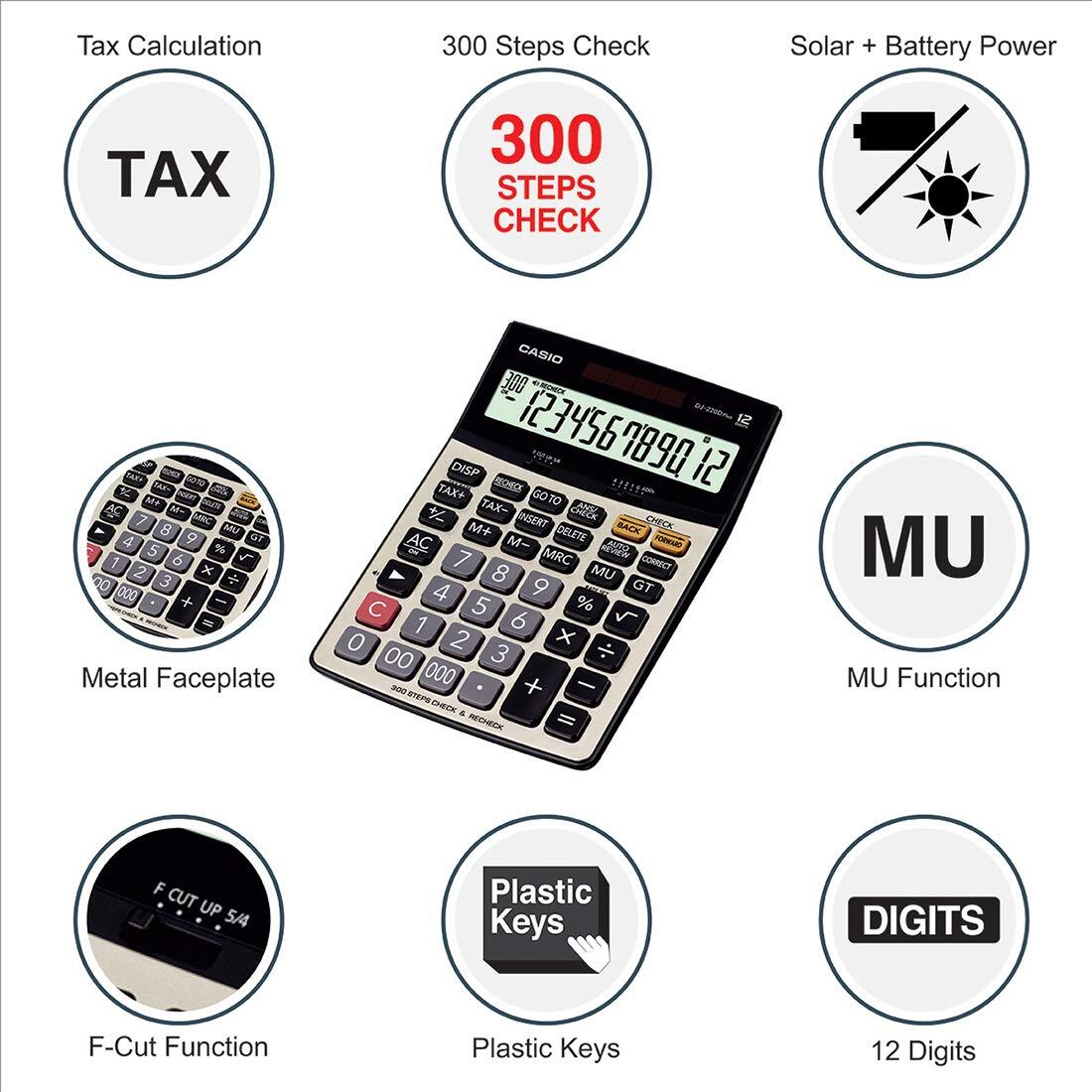 Dj220d Plus Casio - Heavy Duty 12-digit Display Calculator | 300 Steps Check & Correct, Durable Metal Faceplate, Recheck Function, Dedicated Tax Keys, Gt Key