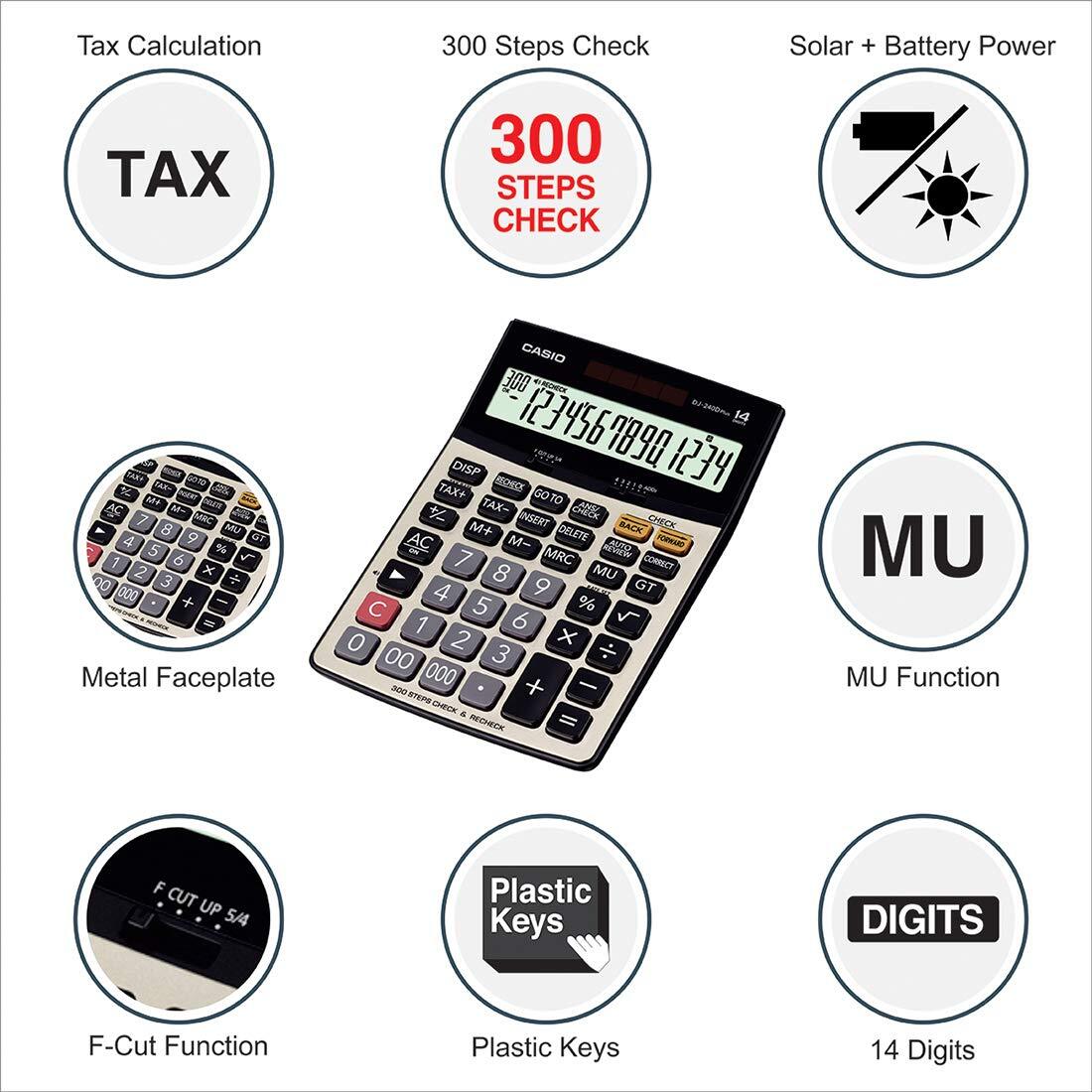 Dj 240d Plus Casio Calculator - Metallic Faceplate, 14 Digit Display, 300 Steps Check & Correct , Dedicated Tax Keys And Recheck Function